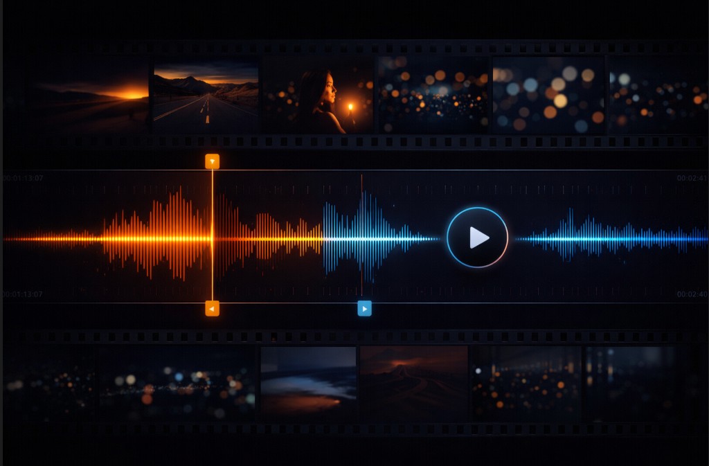 MiniClip: timeline with filmstrips, dual-color waveform, and play controls